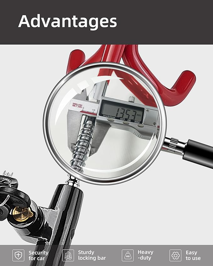 Dodomes Steering Wheel Lock Anti-Theft Heavy Duty Secure Car Device, Adjustable Length Clamp Double Hook Locks Universal Fit Red