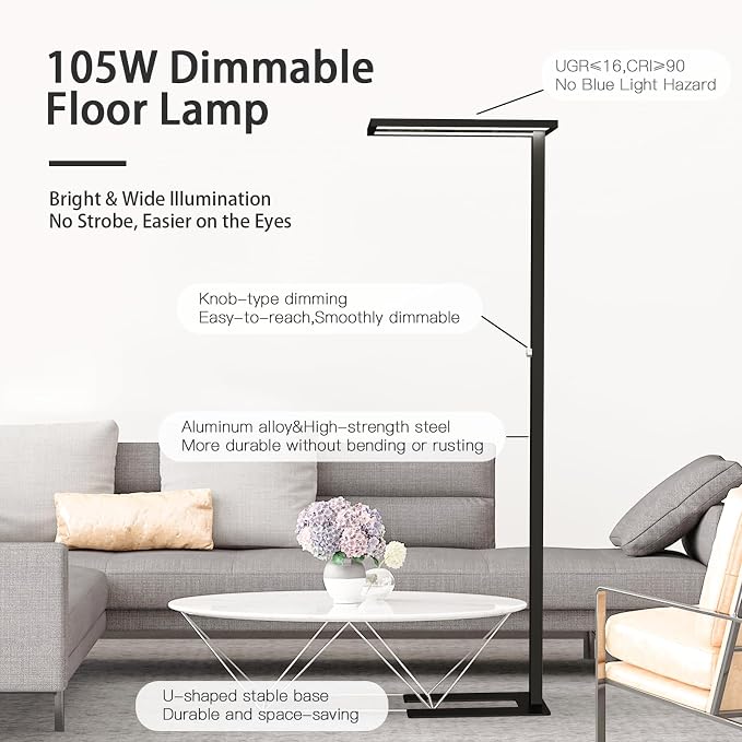 STERREN Eye-Care Led Floor Lamp,76" Tall Office Floor Lamp, 105W Black Modern Free-Standing Lamp, 11100LM Bright Reading Lamp for Study Room,Living Room,Meeting Room,4000K