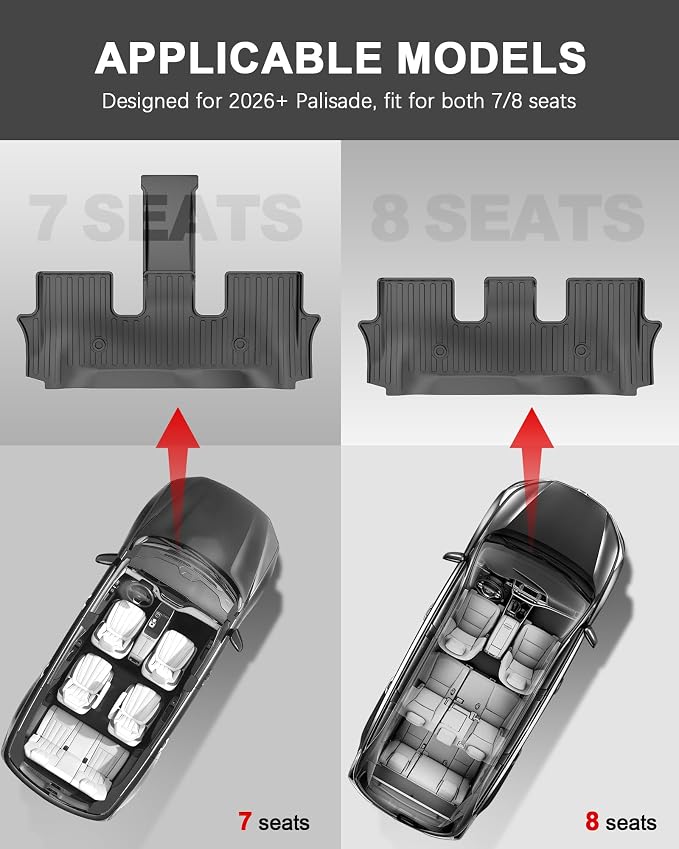Floor Mats Compatible with 2026 Hyundai Palisade 7/8 Seats Gasoline (Not Hybrid)- Custom Fit TPE Anti-Slip Floor Lienrs - All Weather Floor Mats for Palisade 2026 Accessories Black