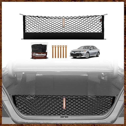 Muslogy Truck Bed Cargo Net Trunk Netting Compatible with 2018-2025 2026 Toyota Camry Accessories, Pickup Cargo Organizer SUV Sedan Storage Net w/Heavy Duty Carabiners