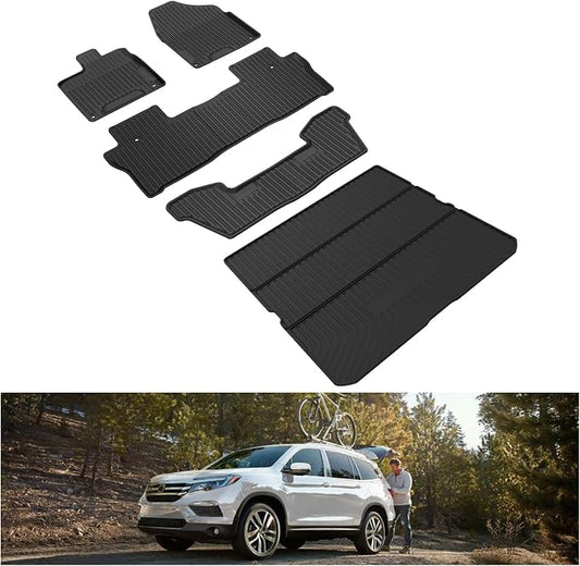KIWI MASTER Floor Mats & Cargo Mat for 2016-2022 Honda Pilot, OEM Replacement 08P17-TG7-300 08U45-TG7-100, All Weather Car Mats, Custom Fit TPE Floor Liners, Front & Rear & Trunk Mat Set, Black