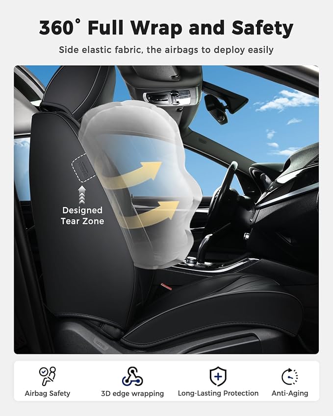 Huidasource Seat Covers Full Set, Universal Fit for Most Cars SUVs Trucks, Full Coverage Leather Car Seat Cover, Airbag, Cupholder Compatible, Seat Function Retain, Velcro Adjustable, Black