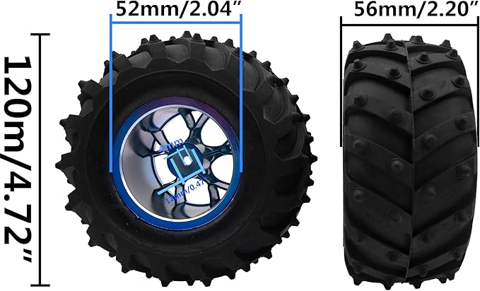 4.72''OD Rubber Tires & Wheel Rim 12mm Hex Hub Compatible with RedCat Volcano Traxxas Rustler HPI HSP Tamiya Exceed Himoto 1/10 Off-Road Monster Truck,120mmx56mm (Blue)