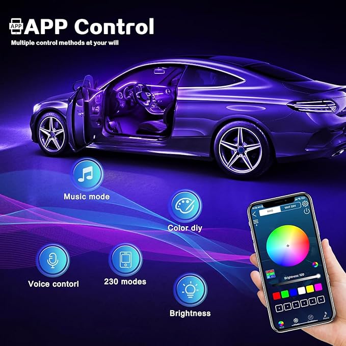 Acrylic Interior Car LED Strip Light with Wireless APP, 14 in 1 with 175 inches 593 LEDs Neon LED Strip Light, RGB Colors Dynamic Music Sync Car Ambient Lighting Kits