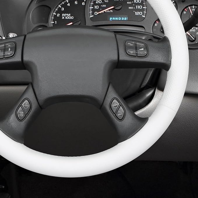 MEWANT Hand Stitched Steering Wheel Cover for Chevy Silverado 1500 2003-2006 DIY White Faux Leather Steering Wheel Wrap