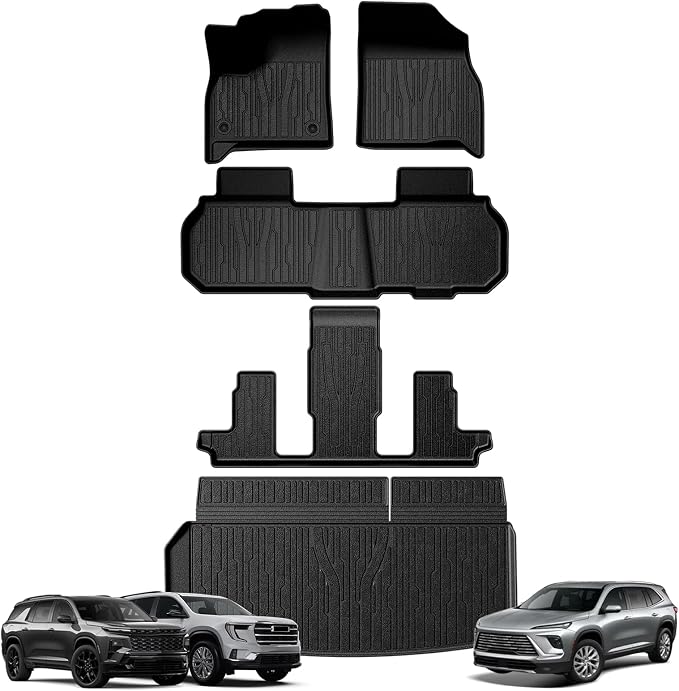 TripleAliners Floor Mats&Trunk Mat All Weather Car Liners Compatible with 2024+GMC Acadia/Chevy Traverse&2025+ Buick Enclave Accessories TPE Custom Fit Full Set Liners Protection(Floor Mats+Trunk Mat)