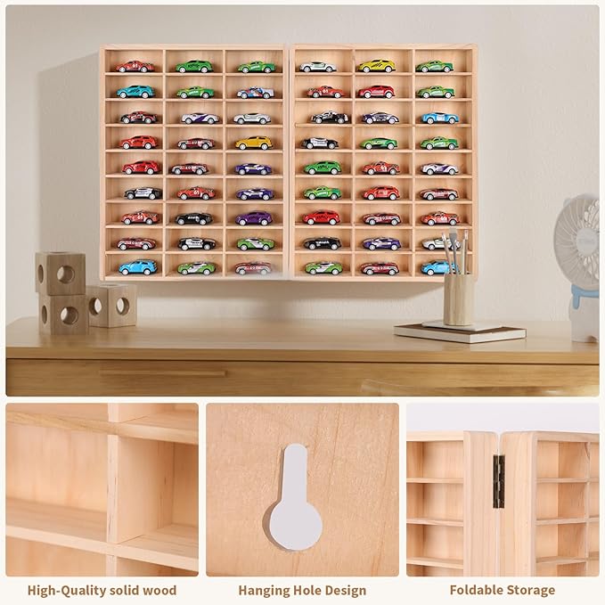 Hotwheels Wooden Display Case,54 Space,for Hotwheels Storage Display Shelf,for 1/64 Scale Toy Cars,Wall Mount ,Model car Display Organizer,Collapsible Toy Car Storage(Only case)