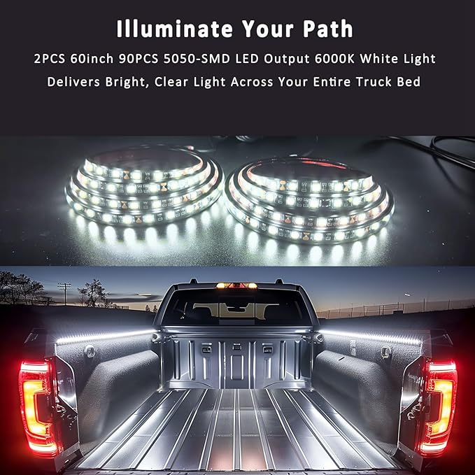 60Inch LED Truck Bed Lights, 2PCS White LED (Light Emitting Diode) Lighting Fixtures, Waterproof Truck Bed Lighting Bar Switch Fuse Splitter Cable for RV SUV Vans Cargo Boats