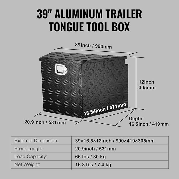 VEVOR Trailer Tongue Box, Heavy Duty Trailer Tongue Tool Box Storage Organizer with Lock & Keys, Utility Tool Chest for Pickup Truck Bed, RV, SUV, Off-Road Vehicle, Aluminum, 39" x 16.5" x 12", Black