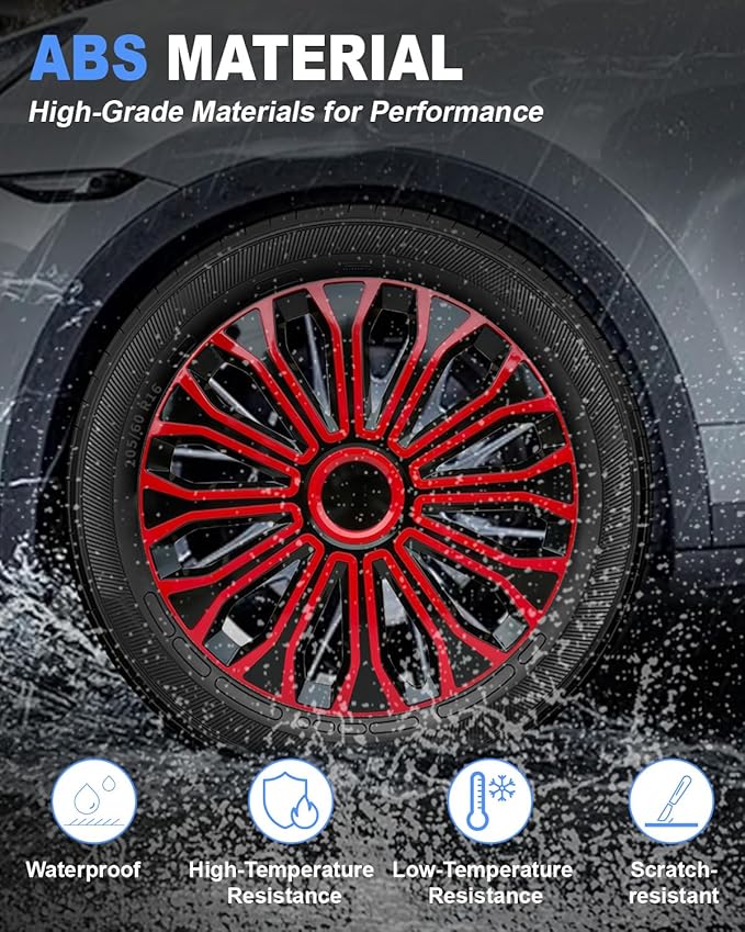 ABX Hubcaps,16 inch hubcaps Set of 4, Wheel Rim Cover ABS Material, Snap On Car Truck SUV Replacement, for Toyota Camry Nissan Mazda etc, Black&Red