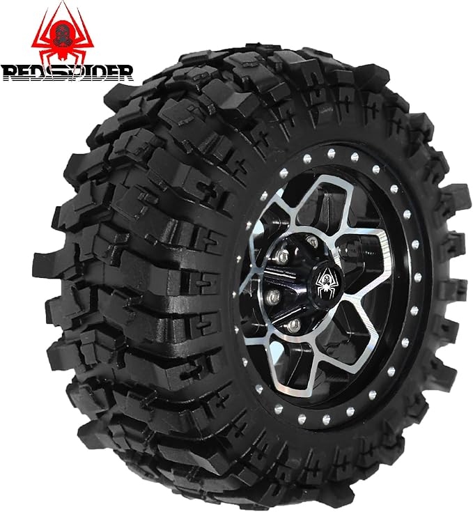 REDSPIDER Metal 1.9'' Beadlock Wheels and Crawler Tires OD 88MM/3.46'' (4PCS) for 1/12 RC Crawler MJX H12Y+ MN-128 MN82S LC79 ﻿ (Black)
