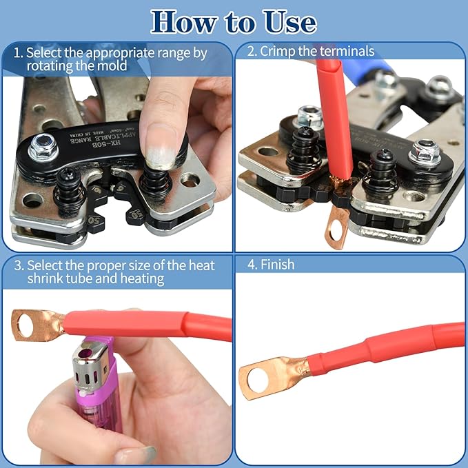 Cable Lug Crimping Tool with 74pcs Copper Wire Lugs, 100pcs Dual Wall Adhesive Heat Shrink Tubing, Wire Crimping Tool for AWG 10-1/0 Electrical Lug Crimper