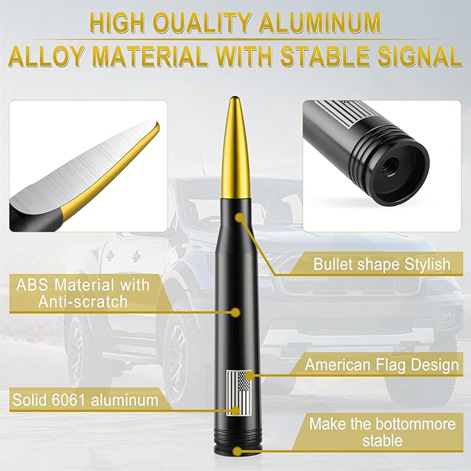 BJSIA American Flag Antenna for Truck with Valve Stem Caps - Universal Compatible with Ford, Dodge, Chevrolet, GMC, Jeep, Toyota Truck Car Accessories, Heavy Duty Pickup Trucks Accessories - Gold