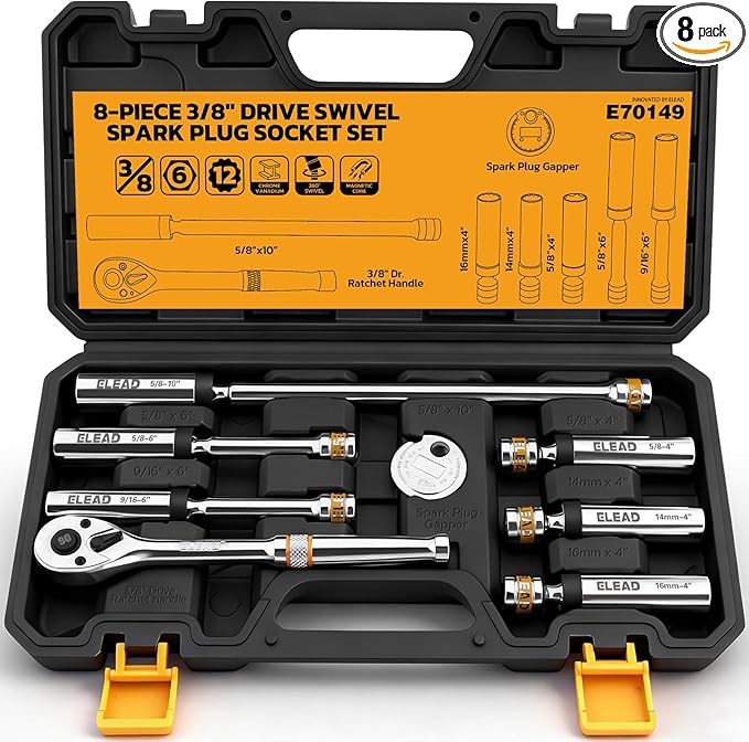 ELEAD 8-Piece 3/8" Drive Magnetic Swivel Spark Plug Socket Set, 5/8", 9/16", 14mm, 16mm, Include Ratchet Handle & Spark Plug Gapper, 6 & 12 Point CR-V Spark Plug Removal Tool