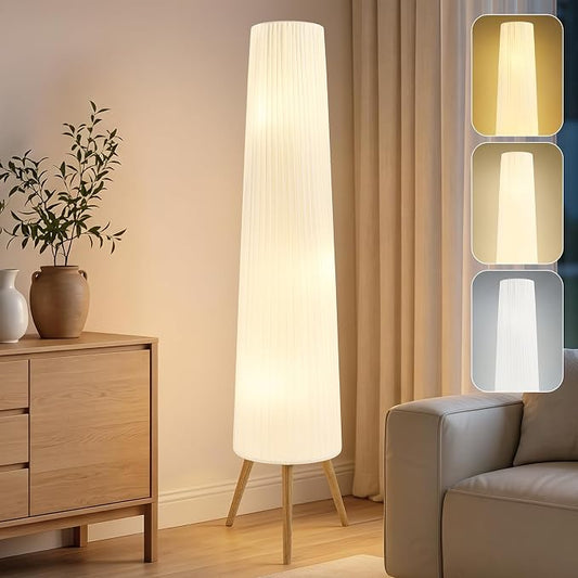 GyroVu 60 Inch Wood Floor Lamp, White Cloth Shade, Color Temperature Adjustable Softlighting Corner Lamp, 3 Bulbs Standing Lamp, Creative Ambient Light for Living Room Bedroom&Office-Bulbs Included