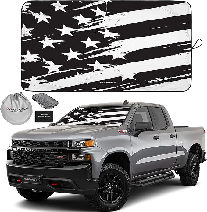 Autoamerics 1-Piece Windshield Sun Shade B&W Art American Flag USA Design - Foldable Car Front Window Sunshade for Most Sedans SUV Truck - Blocks Max UV Rays and Keeps Your Vehicle Cool - Large