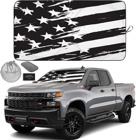 Autoamerics 1-Piece Windshield Sun Shade B&W Art American Flag USA Design - Foldable Car Front Window Sunshade for Most Sedans SUV Truck - Blocks Max UV Rays and Keeps Your Vehicle Cool - Large