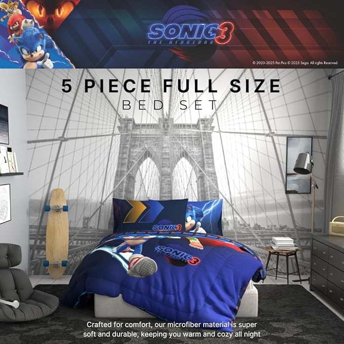 Franco Sonic The Hedgehog 3 Movie Kids Bedding Super Soft Comforter and Sheet Set, 5 Piece Full Size, (Officially Licensed Product) | Durable, Reversible, Officially Licensed