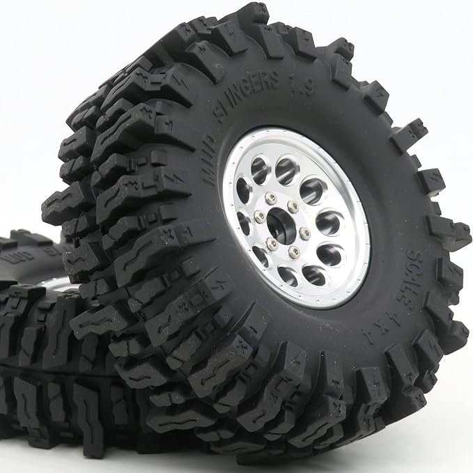 HOBBYSOUL 1.9 Crawler Tires and Wheels 120mm Soft Sticky 1.9 Mud Slingers Tires & 1.9 Beadlock Wheels Silver Rim for 1/10 RC Crawler Traxxas TRX4 Axial SCX10, (4 Pack)