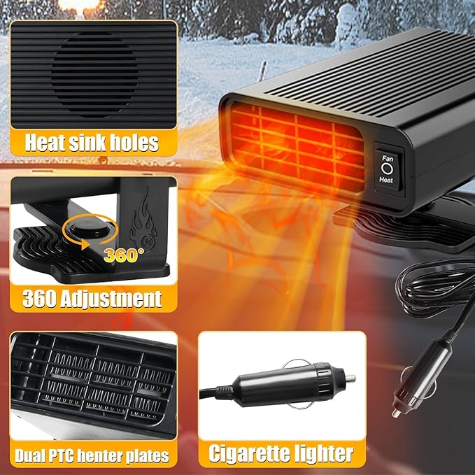 12V Car Heater & Windshield Defroster – 200W Fast Heating & Cooling Fan, 360° Rotatable Portable Car Heaters for Vehicle, Plugs into Cigarette Lighter for Cars, SUVs, RVs