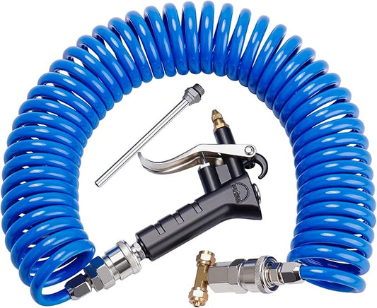 Heavy Duty Truck Air Duster Blow Gun Cleaning with 9 Meter Long Coil and 2 interchangeable nozzle tips- Blue Air Seat Blow Gun Kit