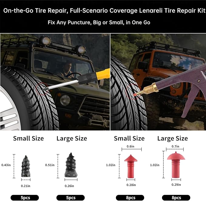 Tire Repair Kits Tubeless Tire Puncture Repair Kit with Mushroom Plug, Repairs punctures and Flat Tires for Motorcycles, Cars, Trucks, ATVs,Gun Puncture Repair Kit(Air pump not included Green)