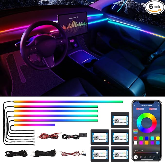 Dreamcolor Acrylic Interior Car LED Strip Light with Wireless APP, RGB 6 in 1 with 175 inches 600 LEDs Fiber Optic Car Ambient Lighting Kits, Sound Active Function LED Strip for Car Accessories