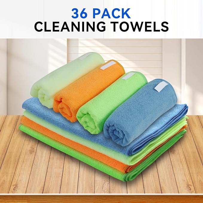 Auto Dynasty Universal 16" L X 12" W - 36 Pieces Ultra Soft Microfiber Cleaning Cloth Dusting Towel for Car Washing Automotive Garage Home Office Furniture Bath Windows (Yellow Orange Blue Green)
