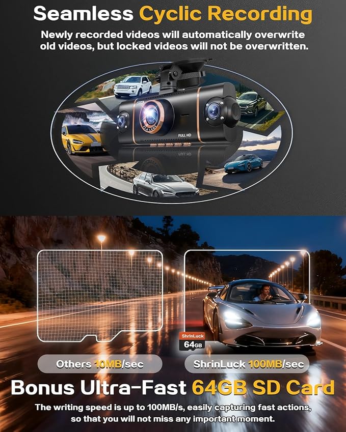4 Channel 360° Dash Cam Front Rear Inside and Left Right, 4K+1080P*3 FHD Car Camera, 5GHz WiFi and App Control, 24H Parking Mode, 8 IR Lamps Night Vision, Includes 64GB SD Card, Black