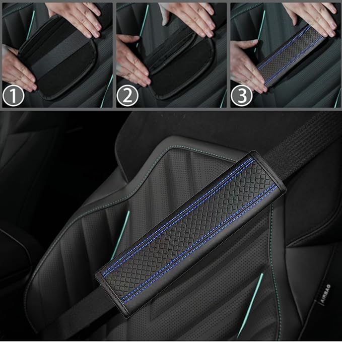 NBTEPEM 6 PCS Car Steering Wheel Cover Set, Microfiber Leather Steering Wheel Covers Universal 14.5-15 inch, Center Console Cover, Seat Belt Cushion, Cup Holder Coaster, Car Accessories Set Blue