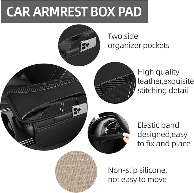 NBTEPEM 6 Pcs Black Car Accessories Set, Sport Leather Steering Wheel Cover 14.5-15inch Universal, Car Center Console Cover, Seat Belt Cushion, Cup Holder Coaster (Black Carbon Fiber)