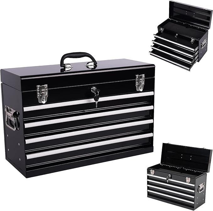 21" Portable 4 Drawer Steel Toolbox, 5 Layers of Tools with Metal Latches, with Top Storage Tray and Carrying Handle, Multi-Function Tool Chest for Garage, Home,or Workbench（black）