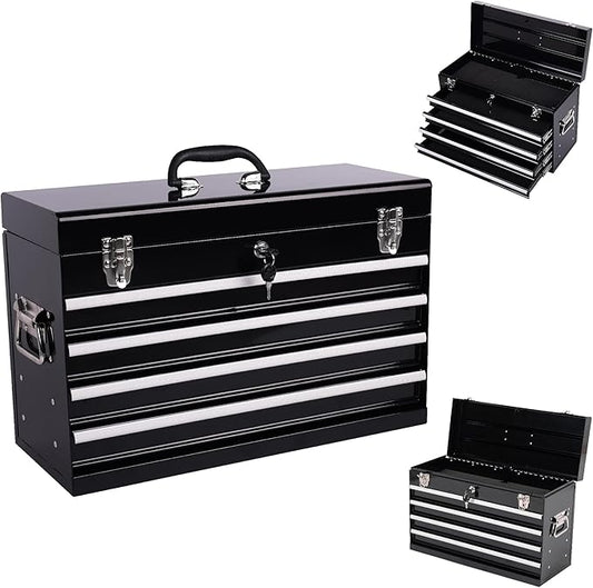 21" Portable 4 Drawer Steel Toolbox, 5 Layers of Tools with Metal Latches, with Top Storage Tray and Carrying Handle, Multi-Function Tool Chest for Garage, Home,or Workbench（black）