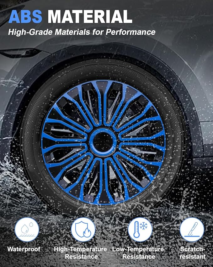 ABX Hubcaps,16 inch hubcaps Set of 4, Wheel Rim Cover ABS Material, Snap On Car Truck SUV Replacement, for Toyota Camry Nissan Mazda etc, Black&Blue