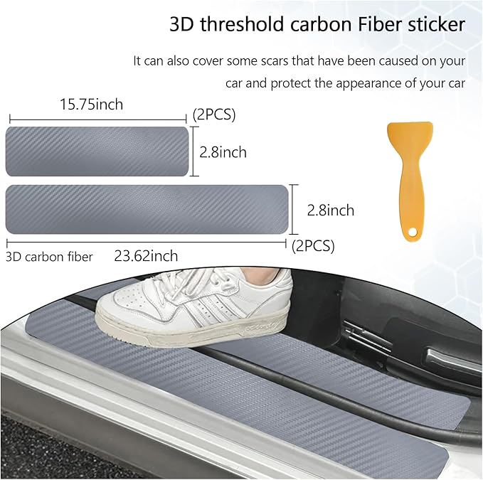 Dickno 4 PCS Car Door Sill Protector, 3D Carbon Fiber Auto Door Entry Edge Guard Protection Trim, Anti-Scratch Threshold Cover Strips, Sill Protection Sticker for Car SUV Truck (Silver)