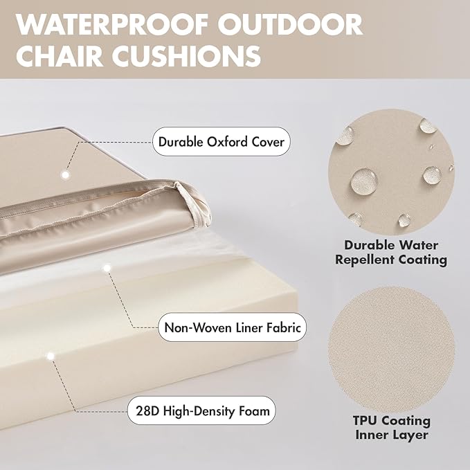 MIULEE Beige 18.5 x 16 x 3 Outdoor Chair Cushions Waterproof Patio Chair Cushions with Adjustable Straps Set of 2 for Patio Furniture 3-Year Color Fastness Garden Sofa Couch