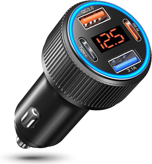 USB C Car Charger, Costyle 65W Dual USB-C & USB-A Multi Port Cigarette Lighter Adapter with Voltmeter QC/PD 3.0 Fast Charging 12V Car Phone Charger for iPhone 17 16 15 14 13 12 Pro Max Samsung(Black)