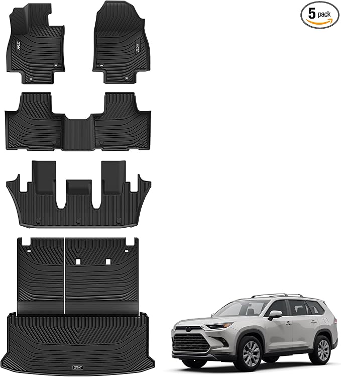 3W Floor Mats for 2024 2025 2026 Toyota Grand Highlander 7 Seat with Subwoofer (Include Hybrid), Trunk Mat Cargo Liner, and Seat Back Covers TPE All Weather, Black(Not for Hybrid MAX Model)