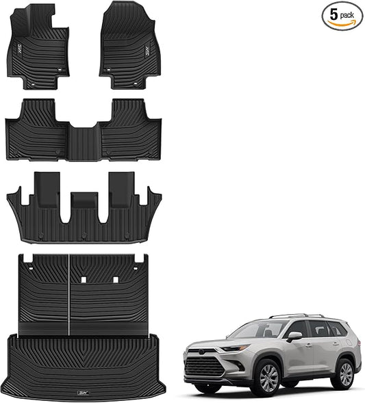3W Floor Mats for 2024 2025 2026 Toyota Grand Highlander 7 Seat with Subwoofer (Include Hybrid), Trunk Mat Cargo Liner, and Seat Back Covers TPE All Weather, Black(Not for Hybrid MAX Model)