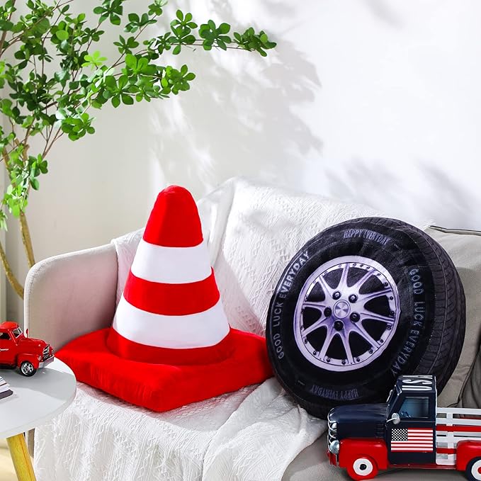 Woanger 2 Pcs Race Car Room Decor Racing Plush Throw Pillow Set Gift 15.7 Inch Soft 3D Simulation Wheel Pillow Funny Tire Cone Traffic Light and Stop for Valentines Bedroom Decorations(Traffic Cone)