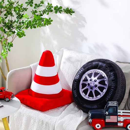 Woanger 2 Pcs Race Car Room Decor Racing Plush Throw Pillow Set Gift 15.7 Inch Soft 3D Simulation Wheel Pillow Funny Tire Cone Traffic Light and Stop for Valentines Bedroom Decorations(Traffic Cone)