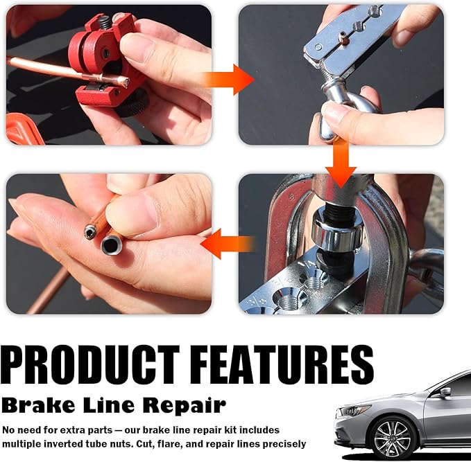 25Ft 1/4" and 3/16" Brake Line Kit,Single & Double Brake Line Flaring Tool Kit with 32 Inverted Fittings and Brakes Flare Tool Kits,Copper Plated Brakes Lines Repair Kits