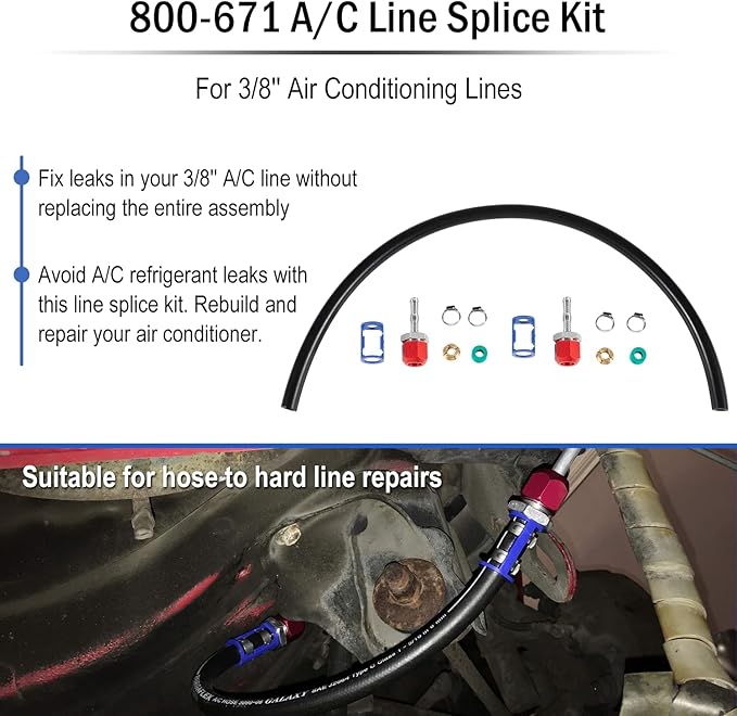 800-671 A/C Line Splice Kit for 3/8 Line With No.6 Hose, A/C Air Conditioning Repair Splice Connector, Universal Fit For 3/8'' Hose to Hard Lines Repair