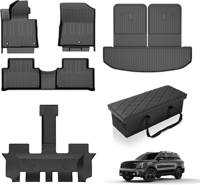 Floor Mats Fit for 2021-2026 Kia Sorento 6 Seats (No Hybrid)- All Weather Protection Floor Liners Cargo Mat Seat Back Mats & Car Seat Organizer Accessories Trunk Car Organizers Storage Box, Black
