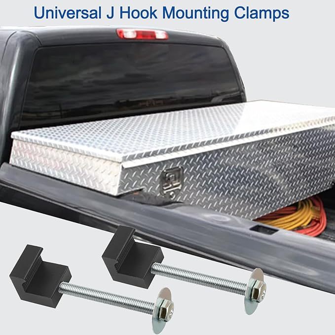 4Pcs Truck Tool Box Mounting Kit - Upgraded J Hook Crossover Tool Box fits for Pickup Truck Tool Box Mount Tie Downs, Universal Aluminum Truck Tool Box Tie Downs Accessories, Black