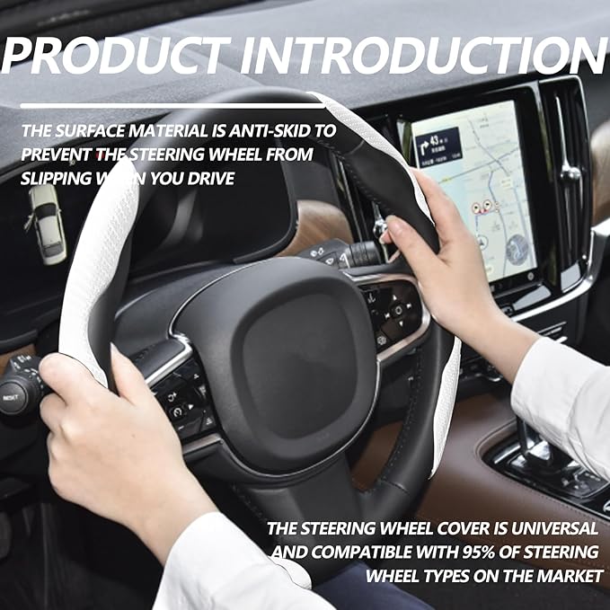 2pcs Universal Fit Carbon Fiber Steering Wheel Cover, Anti-Skid Steering Wheel Cover/Segmented Steering Wheel Protector/Car Interior Accessories (White)