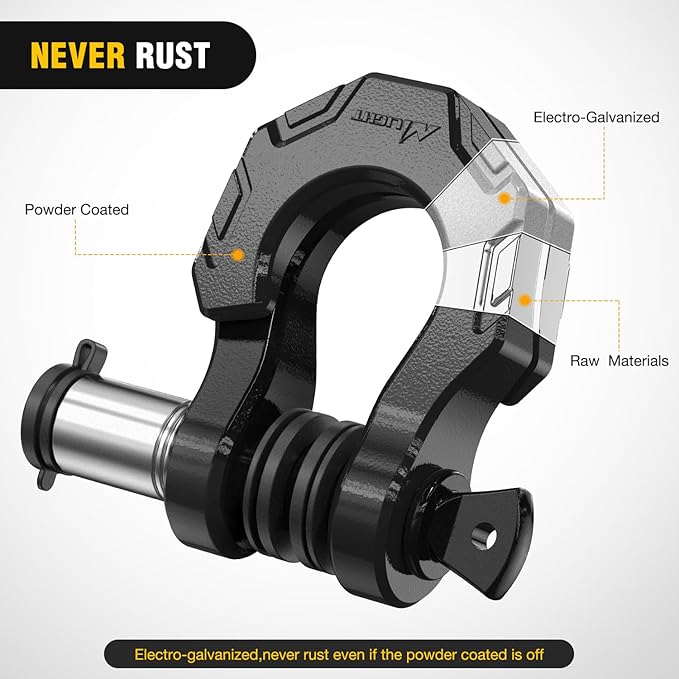 Nilight 2 Pack 3/4" D-Ring Separate Shackle with 7/8" Lock Pin 45,000 lbs Break Strength, Off Road Recovery Shackle with Isolators Washers for Use with Tow Strap, Winch, Truck Vehicle (Black)
