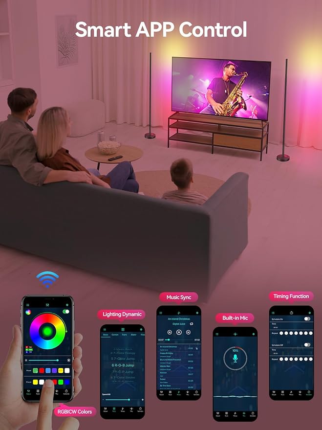 OIYN Smart RGBICW LED Corner Floor Lamp 2 Pack - 16 Million DIY Colors, 68+ Scenes, Music Sync, App & Remote Control, Color-Changing Ambient Lighting for Living Rooms, Bedrooms, and Gaming Rooms