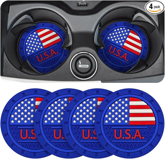 AUCELI 4 Pack Car Cup Holder Coasters, Colored American Flag US Flag Insert Car Cup Coaster, 2.75 Inch Anti Slip Shockproof Embedded Drink Mat, Vehicle Interior Decor Accessories
