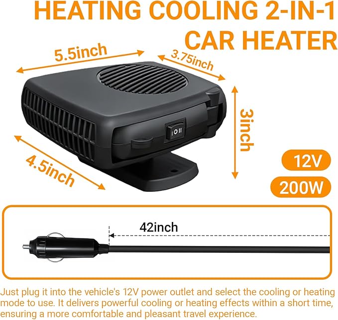 12V 200W Car Heater and Fan, Portable Dual Mode car heater Defroster Defogger, 360° Adjustable Vent for Interior Comfort, Easy Plug-in Installation